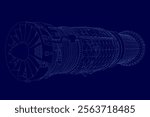 Blue image of a jet engine with a lot of detail. The jet engine is the main focus of the image