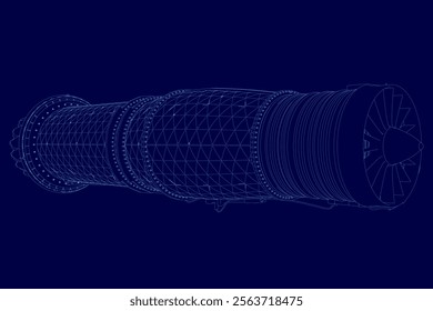 Blue image of a jet engine with a lot of detail. The jet engine is very large and has a lot of detail