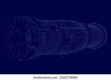 Blue image of a jet engine with a lot of detail. The jet engine is the main focus of the image