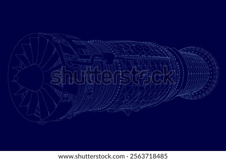 Blue image of a jet engine with a lot of detail. The jet engine is the main focus of the image