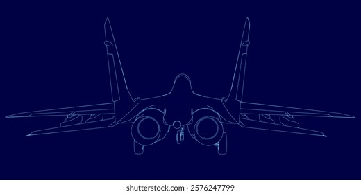 Blue image of a jet plane with the tail section cut off. The image is a stylized representation of the plane's design. Back view