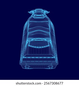 Blue image of a jet ski. The jet ski is shown in a 3D format, with a blue color scheme. The jet ski appears to be a futuristic design, with a sleek and modern look