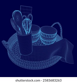 A blue image of a kitchen scene with a bowl, a cup, a spatula, and a whisk. The bowl is placed on a tray, and the cup is next to it