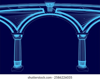 A blue image of a large archway with pillars. The archway is very large and spans the entire width of the image. The pillars are tall and slender