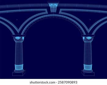 A blue image of a large archway with pillars. The archway is empty and the pillars are tall and slender. The blue and white color scheme gives the image a sense of calm and serenity