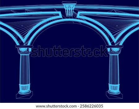 A blue image of a large archway with pillars. The archway is very large and spans the entire width of the image. The pillars are tall and slender