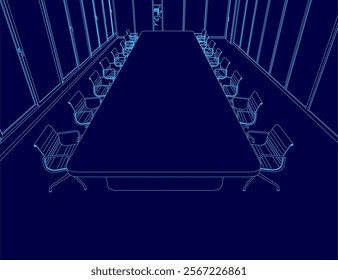 Blue image of a large room with a long table and chairs. The chairs are arranged in rows and the table is empty. The room appears to be a conference room or a large meeting space