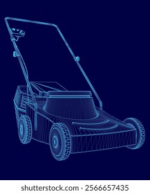 Blue image of a lawn mower. The image is in a 3D format and is very detailed