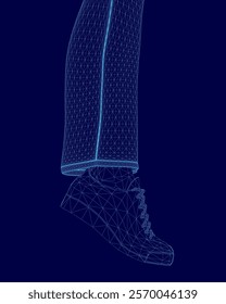 Blue image of a leg with a shoe on it. The leg is shown in a 3D format, with the shoe and leg appearing to be made of a digital material. The image has a futuristic