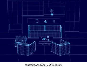 Blue image of a living room with a couch and two chairs. The couch is a sectional and the chairs are placed in front of it. There is a potted plant on a table and a clock on the wall