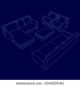 Blue image of a living room with a couch, two chairs, and a coffee table