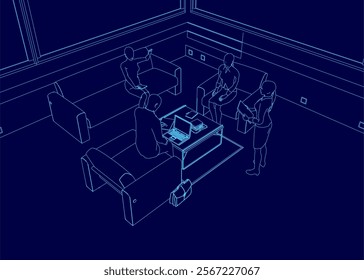 Blue image of a living room with a couch and a table. There are four people in the room, two of them sitting on the couch and two of them standing. Scene is relaxed and comfortable