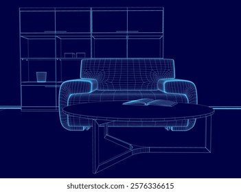 Blue image of a living room with a couch and a coffee table. The couch is a large, modern design with a blue color scheme