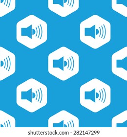 Blue image of loudspeaker in white hexagon, repeated on blue