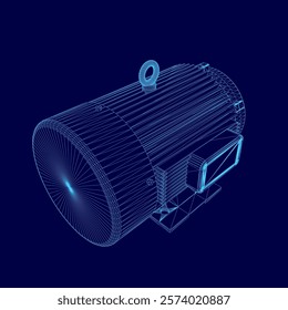 Blue image of a machine with a blue background. The machine is a motor and the image is in 3D