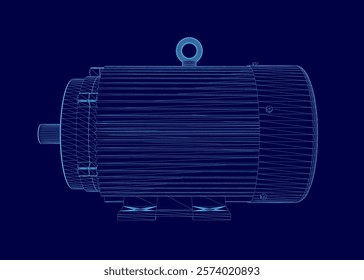 Blue image of a machine with a blue background. The machine is a motor and the image