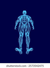 Blue image of a man with his legs spread apart. The man is wearing a blue shirt and has a blue background. The image has a futuristic and sci-fi feel to it