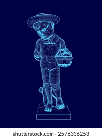 Blue image of a man holding a basket. The man is wearing a hat and he is standing on a pedestal