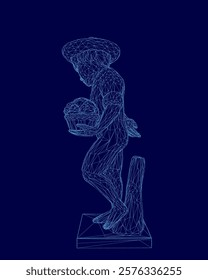 Blue image of a man holding a basket. The man is wearing a hat and has a beard. The basket is filled with something, but it is not clear what it is. The image has a mysterious