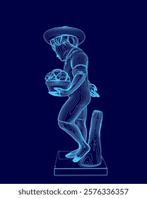 Blue image of a man holding a basket of fruit. The man is wearing a hat and he is a farmer. The basket is filled with apples and oranges. The image has a cheerful and lighthearted mood