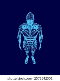 Blue image of a man with a muscular body. The man is standing in the middle of the image and is wearing a blue shirt. The image has a futuristic and robotic feel to it