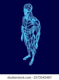 Blue image of a man with a skeleton on his back. The image has a futuristic and somewhat eerie feel to it