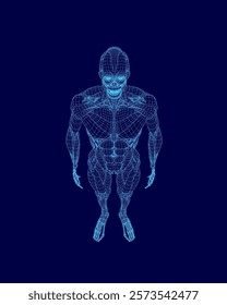 Blue image of a man with a skull on his head. The man is standing in front of a blue background