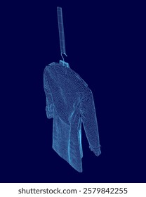 Blue image of a man's jacket hanging from a hook. The jacket is hanging upside down and he is in a state of disarray. The image has a somewhat eerie and unsettling mood