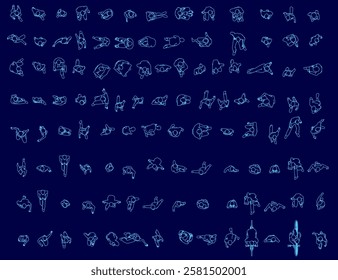 A blue image of many people in various poses. The image is a collection of drawings of people in different positions, with some standing and others sitting. Scene is somewhat abstract. Top view