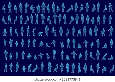 A blue image of many people in various poses. The image is a collection of people in different positions, some standing and others sitting. Scene is one of movement and activity