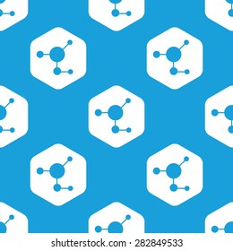 Blue image of molecule in white hexagon, repeated on blue