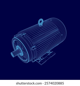 Blue image of a motor with a blue background. The motor is shown in a 3D format, giving it a futuristic appearance. Concept of innovation and technological advancement