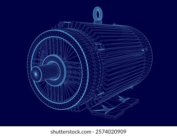 Blue image of a motor with a blue background. The motor is shown in a 3D format, giving it a futuristic appearance