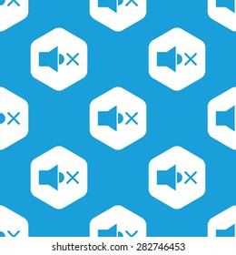 Blue image of muted loudspeaker in white hexagon, repeated on blue