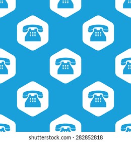 Blue image of old phone in white hexagon, repeated on blue