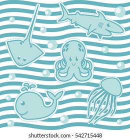 Blue image on the ocean theme vector illustration. Simple shapes of marine animals can be used as patches, badges, stickers. Whale, jellyfish, shark, octopus and squid into the waves and water bubbles