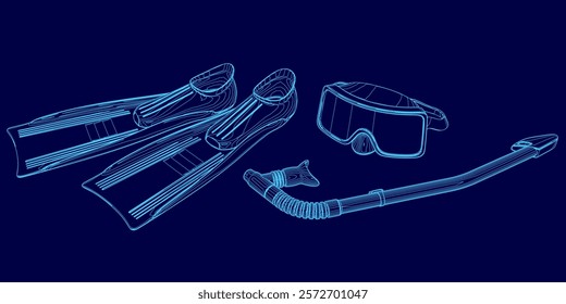 Blue image of a pair of flippers, goggles, and a snorkel. The image is a close up of the equipment, with the flippers on the left side, the goggles on the right side