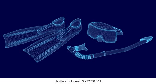 Blue image of a pair of flippers, a snorkel, and a wetsuit.