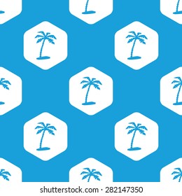 Blue image of palm on beach in white hexagon, repeated on blue