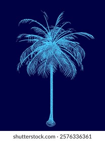 Blue image of a palm tree with a blue background. The tree is shown in a stylized way, with a blue color scheme