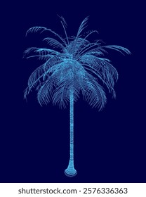 Blue image of a palm tree. The tree is shown in a very stylized way, with the leaves and trunk appearing to be made up of small squares. Scene is one of whimsy and creativity