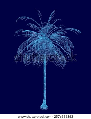 Blue image of a palm tree. The tree is shown in a very stylized way, with the leaves and trunk appearing to be made up of small squares. Scene is one of whimsy and creativity