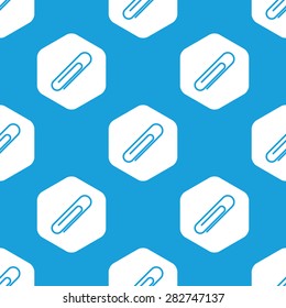 Blue image of paperclip in white hexagon, repeated on blue