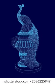 A blue image of a peacock standing on a pedestal. The peacock is surrounded by a blue vase. The image has a serene and peaceful mood, as the peacock stands tall and proud