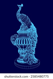 A blue image of a peacock with a vase in its beak. The peacock is standing on a pedestal