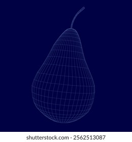 Blue image of a pear. The pear is shown in a 3D format, with a wireframe design. The image has a futuristic and abstract feel to it, with the pear appearing to be floating in space