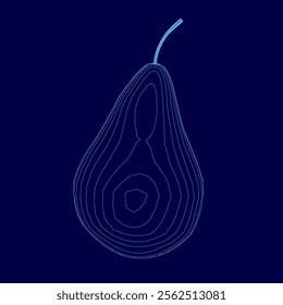 Blue image of a pear with a stem. The pear is shown in a stylized way, with the stem and the top of the pear being emphasized. The image has a modern and artistic feel to it