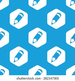 Blue image of pencil in white hexagon, repeated on blue