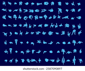 A blue image of people in various poses. The image is a collection of people in different positions, with some standing and others sitting. Scene is one of curiosity and exploration. Top view