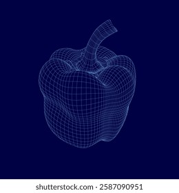 A blue image of a pepper. The pepper is shown in a 3D format, with a wireframe design. The image has a futuristic and abstract feel to it, with the pepper appearing to be floating in space